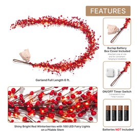 LampLust Christmas Garland with Lights, 6 Ft Lighted Garland, 100 LED Lights, Red Berry Garland, Battery Powered, Timer Included, Christmas Decorations Indoor, Fall Garland for Mantle, Holiday Decor