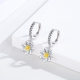Kootwo Daisy Flower Dangle Hoop Earrings 925 Sterling Silver, Hypoallergenic Daisy Zircon Dangle Hoop Earrings, Jewelry Gift for Women Lady, Free, Sterling Silver, Zircon