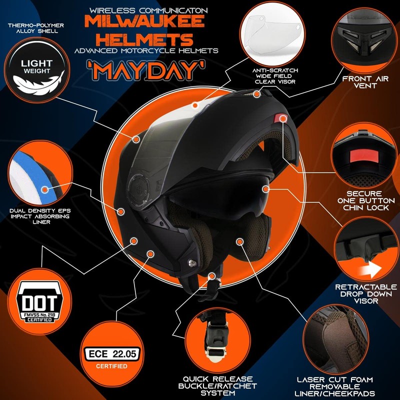 Milwaukee Helmets H7000 Glossy Black MayDay Modular Full Face Wireless