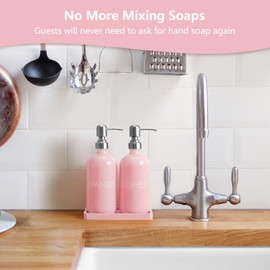 Pink Glass Dish and Hand Soap Dispenser Set - Kitchen Soap Dispenser with Tray and Stainless Steel Pump - for Modern Pink Kitchen Decor and Accessories