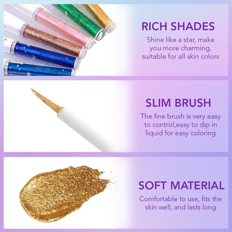 evpct 6Pcs Sparkle Glitter Liquid Eyeliner Eye Makeup Set, Metallic