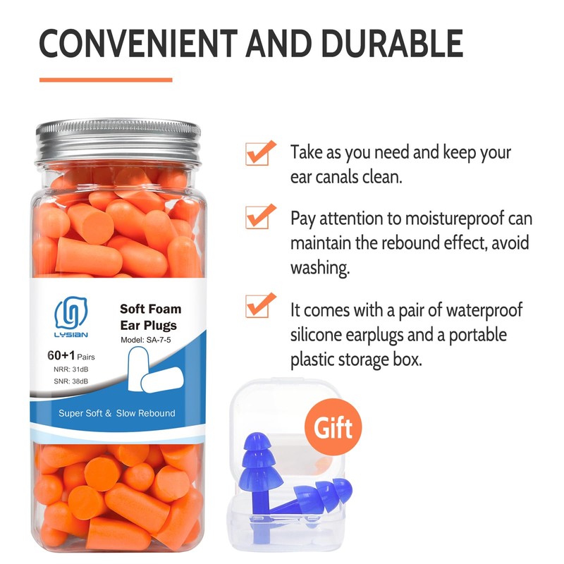 LYSIAN Soft Foam Earplugs dB SNR, Pairs, Disposable Noise Cancelling