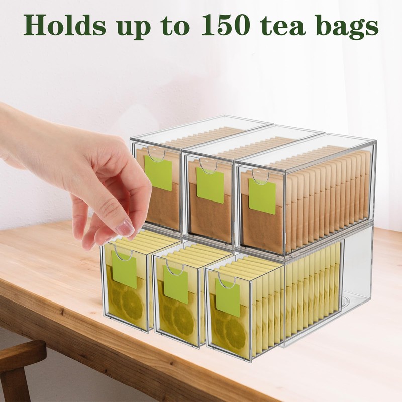 6 Pack Clear Acrylic Tea Bag Organizer Drawer, Stackable Tea