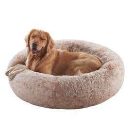 BedStill 36 inches Donut Dog Bed for Large Dogs -Calming Fluffy Round Pet Bed with Removable & Washable Cover,Fits up to 100 lbs Pets (Brown,Large)