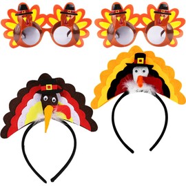 DINESIL 4 Pieces Thanksgiving Turkey Headbands and Turkey Sunglasses, Thanksgiving Plush Head Boppers Eyeglasses for Thanksgiving Decorations Party Favor Supplies