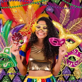 INRUI Mardi Gras Photography Background Colorful Mask Masquerade Decorations Banner Mardi Gras Theme Party Photo Backdrop (7x5FT)