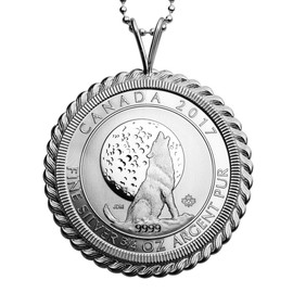 2017 Canada .9999 Fine Silver 3/4 Oz Argent Pur 2 Dollars Bullion Coin Solid 925 Sterling Silver Necklace NEW - Howling Wolf Moon