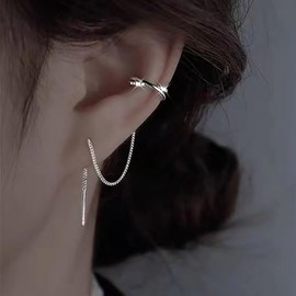 TseenYi CZ Cuff Chain Earrings Silver Bar Chain Tassel Earrings Long Chain Ear Wrap Tassel Earrings Boho Chain Cuff Earrings Minimalist Earrings Jewellery for Women and Girls, Alloy Steel