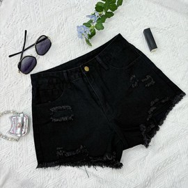 Black ripped denim shorts, perfect for everyday summer outfits. - Color: Black, Size: XS