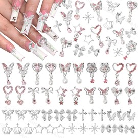 100Pcs Silver Nail Gems Charms, Dangle Star Heart Butterfly Nail Gems and Charms, 3D Pink Alloy Rhinestones Nail Charms, Bows Cross Crown Silver Nail Gem and Charms for Nails Manicure DIY Crafts