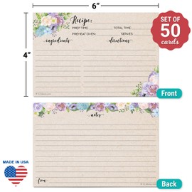 321Done 4x6 Floral Recipe Cards (Set of 50) - Thick Double Sided Premium Card Stock - Made in USA - Watercolor Flowers on Kraft Look, Large Notes From
