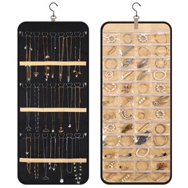 saerryor Dual-sided Jewelry Organizer Hanging with Metal Hooks,48 Pockets and 3 Wave-Shaped Hooks,Jewelry Roll for Earrings,Necklaces,Rings