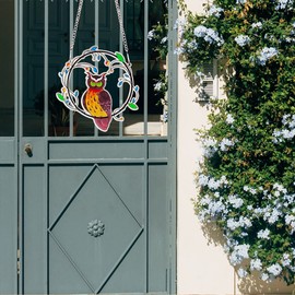 Zayookey Painted Owls Window Hanging Decor Stained Acrylic Bird Suncatcher Panel with Metal Chain for Wall Home Garden Ornament Gift