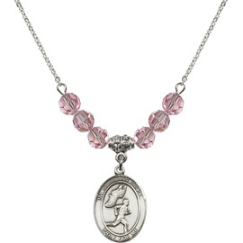 Bonyak Jewelry 18 Inch Rhodium Plated Necklace w/ 6mm Light Rose Pink October Birth Month Stone Beads & Guardian Angel/Track&Field-Men