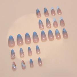 Blue French Tips Press on Nails Ocean Design 24 Pcs 3D Acrylic Fake Nails Medium Almond Glossy Gold Glitter False Nails Gel Glue on Nails Manicure Blue Gradient Stick on Nails for Coquette Women Girls