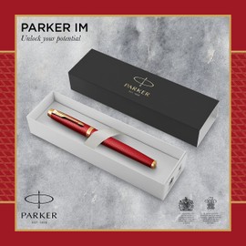 Parker IM Rollerball Pen | Premium Red Lacquer with Gold Trim | Fine Point with Black Ink Refill | Gift Box