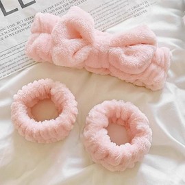Withgift Pure Soft Microfiber Ribbon Face Washing Headband + Wristband Set Pink 3ea