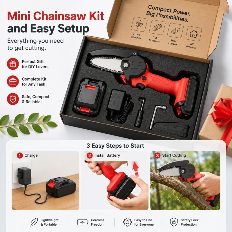 21V Cordless Mini Chainsaw for DIY Wood Cutting – Rechargeable