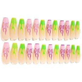 Flaming French Manicure Matte Long Coffin Press-On Nails - 24 Pieces - Artificial Nail Kit