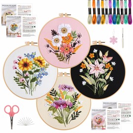SHIPKEY 4 Sets Embroidery Kit, Cross Stitch Kit for Beginners, Starter Kit with Stamped Patterns | 4 Flower
