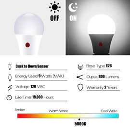 Emotionlite Dusk to Dawn Sensor Light Bulbs Outdoor, Neutral White LED Bulbs, 60 Watt Equivalent, Automatic On/Off, Porch, Patio, Garage, Hallway, Basement, A19 Size, 9W, E26 Medium Base (6 Pack)
