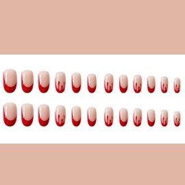 Bufenia 24 Pcs Almond False Nails French Fake Nails with Designs Stick on Nails Acrylic Oval Press on Nails for Women and Girls (Red)