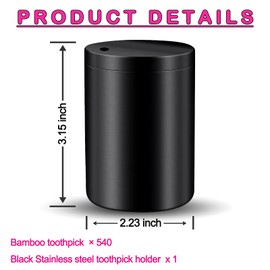 Phowedaer Stainless Steel Toothpick Holder Dispenser - One-at-a-Time Hygienic Design, Holds 1000+ Picks, Dishwasher Safe & Fingerprint-Resistant Finish(With 540 Pieces Bamboo Round Toothpicks) -Black