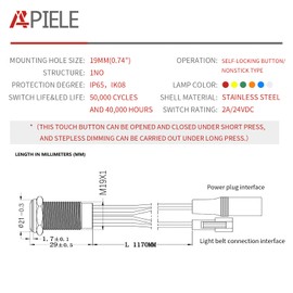 APIELE Stepless Touch Switch 19mm LED Dimmer Latching Switch DC 6V to 24V Blue White LED Suitable for 3/4" Mounting Hole (Stepless Dimming)