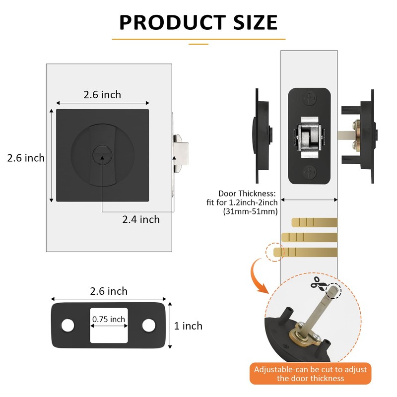9BUILD Black Pocket Door Hardware Square Pocket Door Lock Privacy