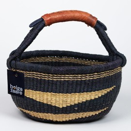 Bolga Zaare Market Basket, Handmade in Ghana by Women Artisans, Natural + Midnight Color, MEDIUM, 13"-15" Diameter x 8"-9" H, RED HANDLE (1 basket)