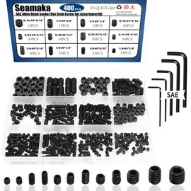 Seamaka 400Pcs SAE Set Screws Assortment Kit with Allen Keys,12 Size 12.9 Class Alloy Steel Set Screw Assortment Kit,1/8"-40 to 5/16"-18 Internal Set Screws for Bathroom Fixtures