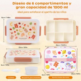 Lonchera Bento Box para Niños y Niñas, Lunch Box a Prueba de Fugas de 6 Compartimentos, con Recipiente para Salsas y Bolsa Térmica, Sin BPA, Apta para Microondas y Lavavajillas (Osito)