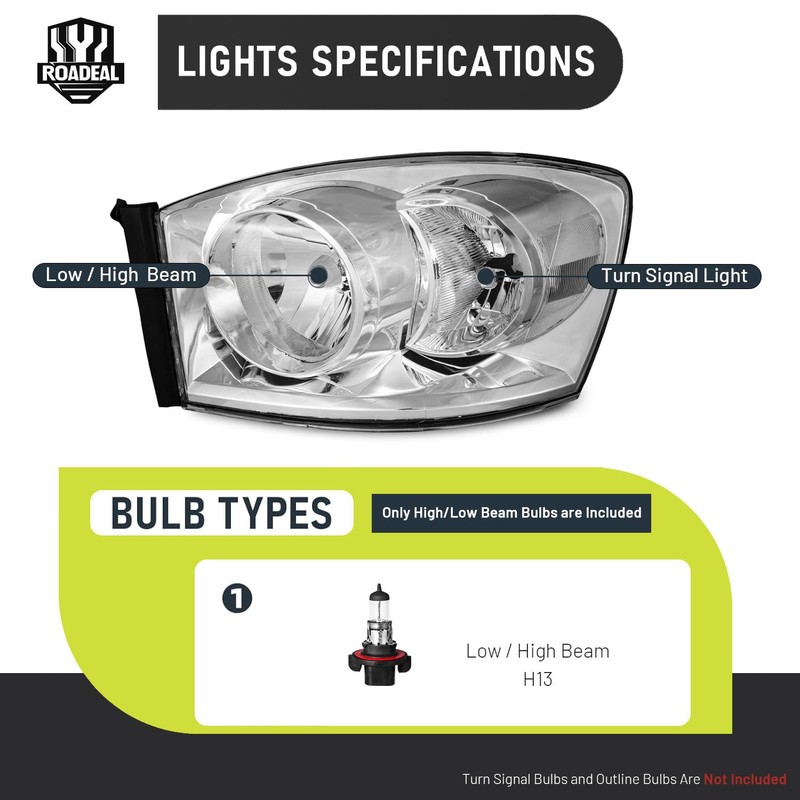ROADEAL Headlights W/Bulbs for 2006 2007 2008 Dodge Ram 1500/2500/3500,