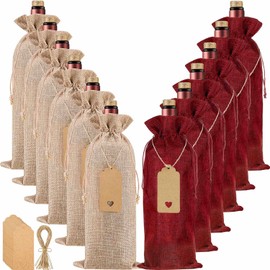Homum 12Pcs Premium Burlap Wine Bags and 12Pcs Gift Tags, 6 Brown and 6 Red Reusable Wine Bottle Gift Bags with Drawstrings for Wedding, Birthday, Blind Tastings, Christmas, Travel,Party, Storage