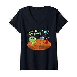Womens Mars Alien Get Off My Lawn Funny Laser Gun Astronaut Planet V-Neck T-Shirt