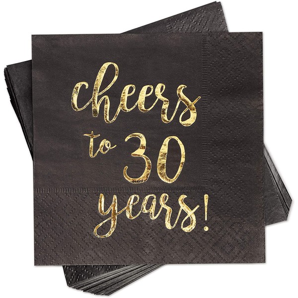 Gold Foil Cheers to 30 Years Black Cocktail Paper Napkins (5 x 5 In, 50 Pack)