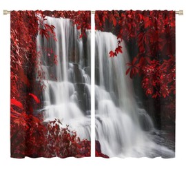 GoDazzling - Cortinas opacas para ventanas de cascada de bosque rojo, ventana con estampado de paisaje natural negro y rojo, para sala de estar, recámara, 72 x 63 pulgadas, 2 paneles
