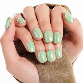 GLAMERMAID Press on Nails Extra Short Squoval, Spring Summer Handmade Light Green Chrome Gel Glue on Nails, 24Pcs Glossy Round Reusable UV Finish Fake Nails Acrylic False Nail Manicure Kits for Women