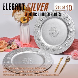Tomeurperf Silver Charger Plates Bulk 10Pcs - 13" Silver Chargers for Dinner Plates, Decorative Charger Plate for Wedding & Event Kitchen Party Decoration - Round Matte European Court Pattern