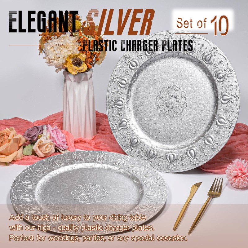 Tomeurperf Silver Charger Plates Bulk 10Pcs - 13" Silver Chargers