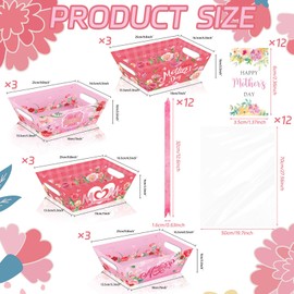 12 Set Happy Mother's Day Baskets for Gifts Empty with Cellophane Basket Bags Pink Rose Pull Bows Gift Tags Happy Mother's Day Market Tray Cardboard Basket to Fill for Mother's Day Birthday Party