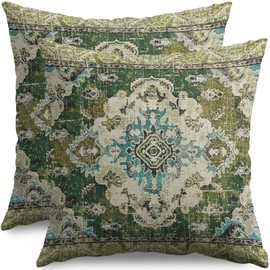 sorfbliss Sage Green Blue Boho Throw Pillow Covers 16x16 Set of 2 Vintage Carpet Bohemian Floral Pattern Decorative Pillow Cases Outdoor Farmhouse Decoration for Sofa Couch Bed