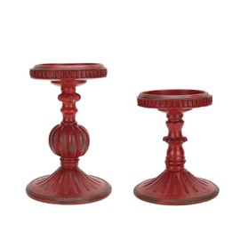 SOFFEE DESIGN 2 Pcs Antique Resin Pillar Candle Holder Sets, Vintage Cylindrical Candlestick Stand Home Decor for Dining, Living Room, Mantel, Table Centerpiece, Retro Red Candleholder Decor