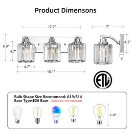 Haolaike 3 Lights Crystal Bathroom Vanity Light Modern Chrome Bathroom Light Fixture Over Mirror Vanity Lights for Bedroom,Restroom,Hallway E27 Base