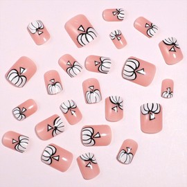 Thanksgiving Press on Nails Fall Short Square Fake Nails with Designs Nude Pumpkin Glue on Nails 24 Pcs Reusable Stick on Nail for Women WYFHDT
