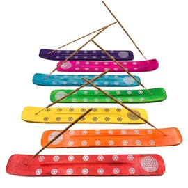 Pack of 7 - Incense Burner (Censer) - Wooden Incense Holder - 7 Different and Unique Colours Chakra with Flower of Life - Handmade in India