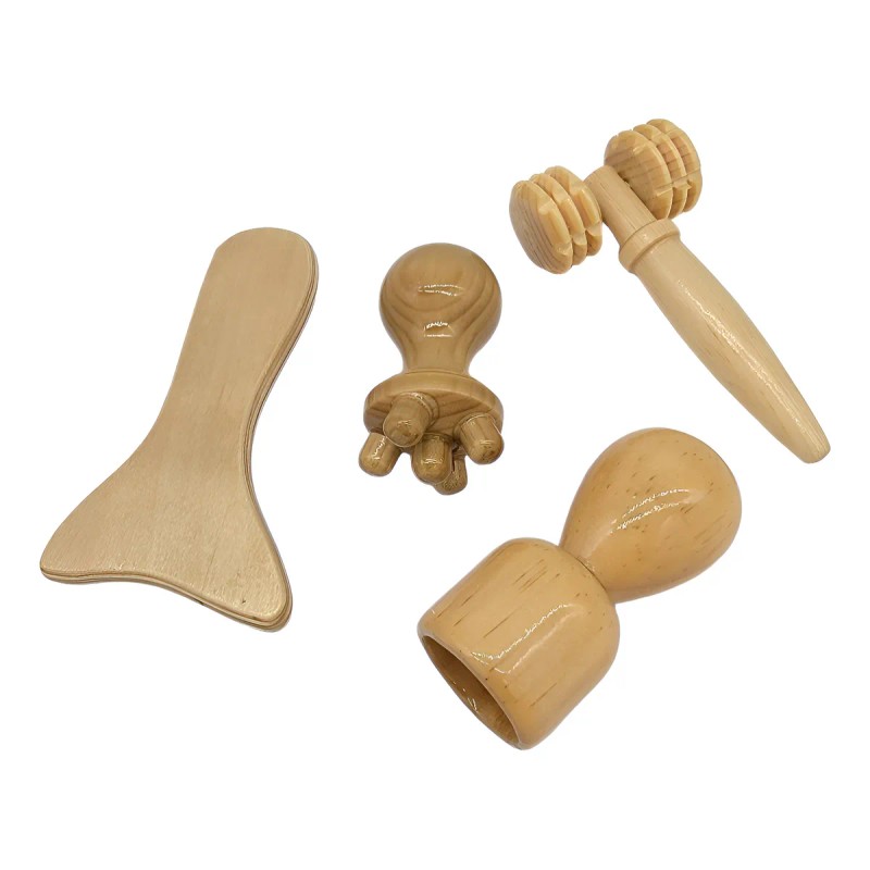 Kit Masaje Maderoterapia Facial Cuello Copa Tablita Rodillo Madera Miel