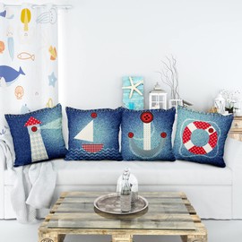 Aoihrraan 22 x 22 Inch Nautical Sailing Cushion Covers Denim Texture Navy Blue Lighthouse Sailboat Anchor Square Linen Throw Pillow Covers Boy Bedroom Indoor Outdoor Sofa Couch, 56x56cm Set of 4