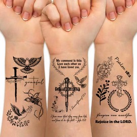 Christian Temporary Tattoos Motivational Bible Verse Quotes Words and Cross Tattoos For Adults, Inspirational Believe Strength in God Realistic Black English Word scripture Tattoo for Women Men