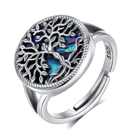 EUDORA S925 Sterling Silver Tree of Life Ring Mother Tree Abalone Shell Rings for Women Mom, Vintage Tree of Life Adjustable Ring Jewelry Mother's Day Gifts for Women Mother Mom
